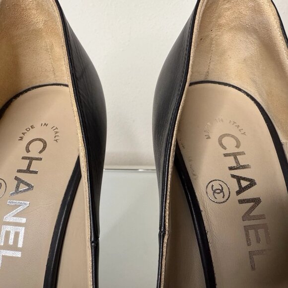 Chanel Black Leather Platform Silver Chain Pump Heel Shoes Sz 36 EU CC Cap Toe - Picture 6 of 12